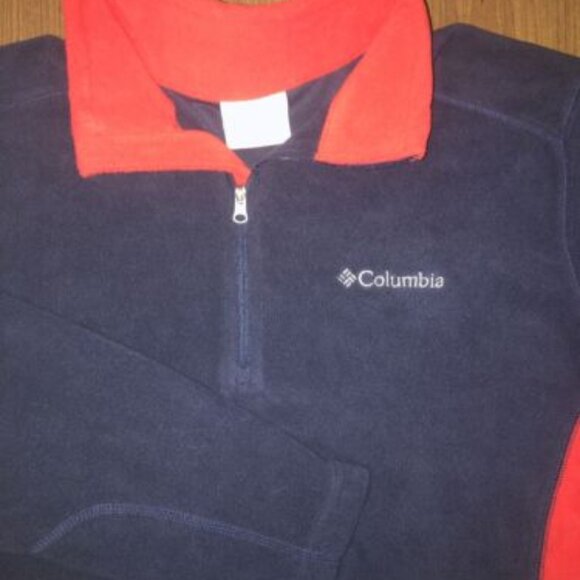 Columbia Mens Small Fleece Pullover Quarter Zip Navy Blue Red Warm Fall W Logo - Picture 1 of 11